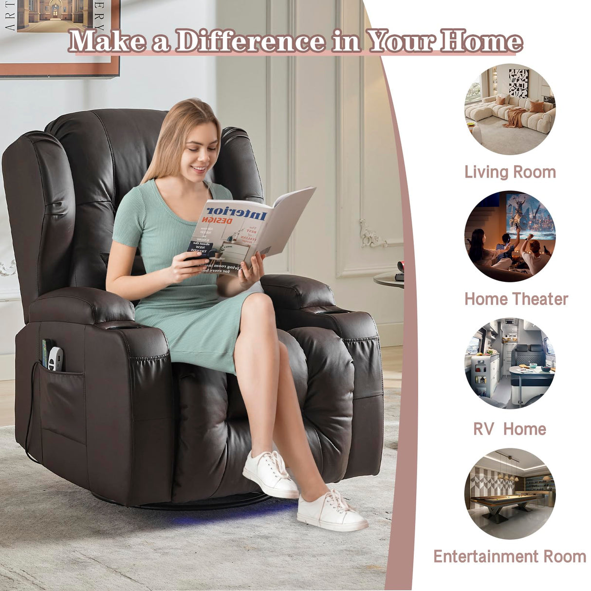 OQQOEE Power Recliner Chair,Electric Swivel Rocker Recliner,Glider Rocking Chairs Home Theater Seating with Massage Heat,Cup Holders,USB Ports for Living Room (Brown PU) OQQOEE