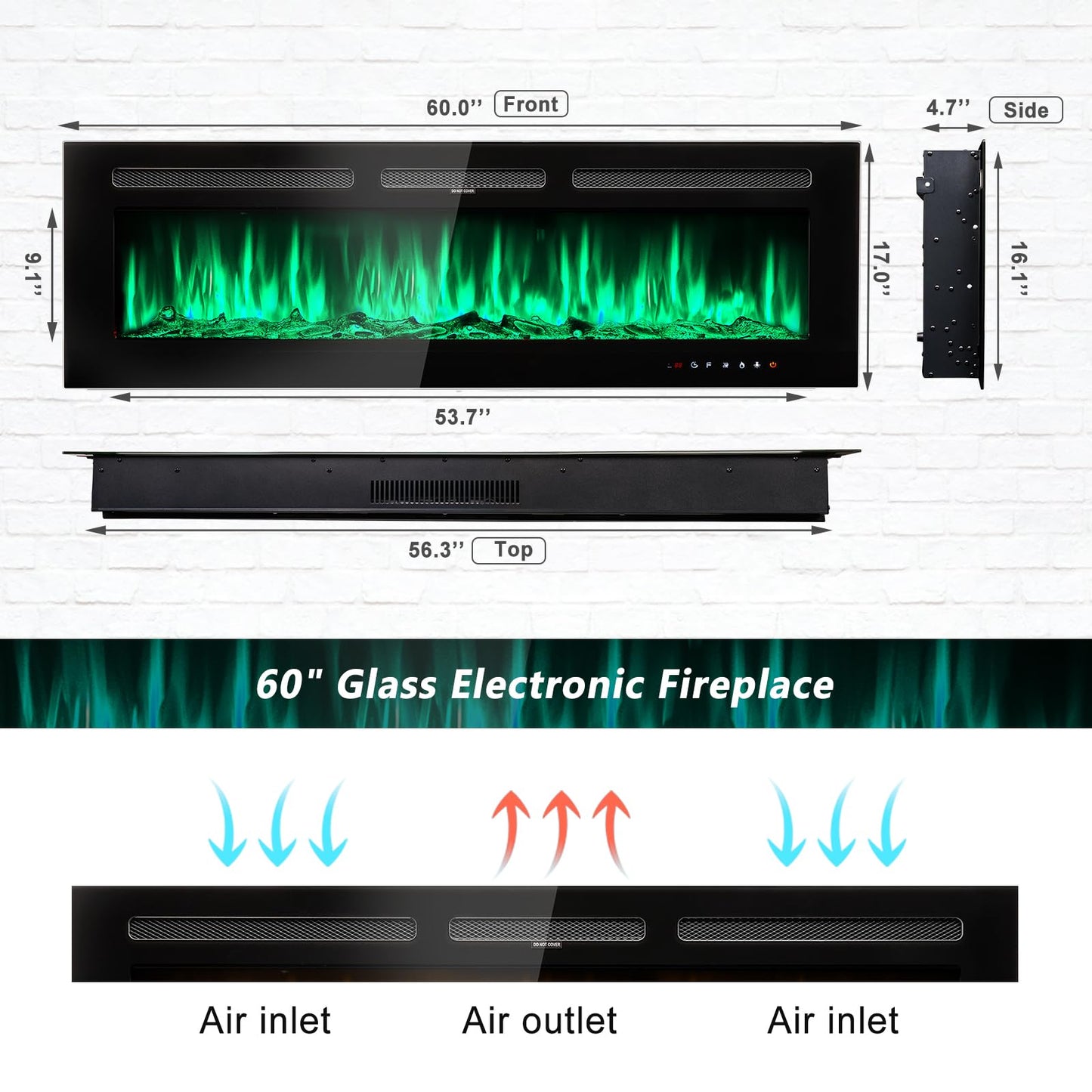 Jolydale Electric Fireplace 60 inch Wall Mounted and Recessed with Remote Control and Touch Panel Control, Timer,12-Level Adjustable Flame Colors and Speed