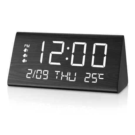 JALL Digital Alarm Clock, with Wooden Electronic LED Time Display, 3 Alarm Settings, Weekday/Weekend Mode, Temperature Detect, Wood Made Electric Clocks for Office, Bedroom, Bedside (Black) JALL