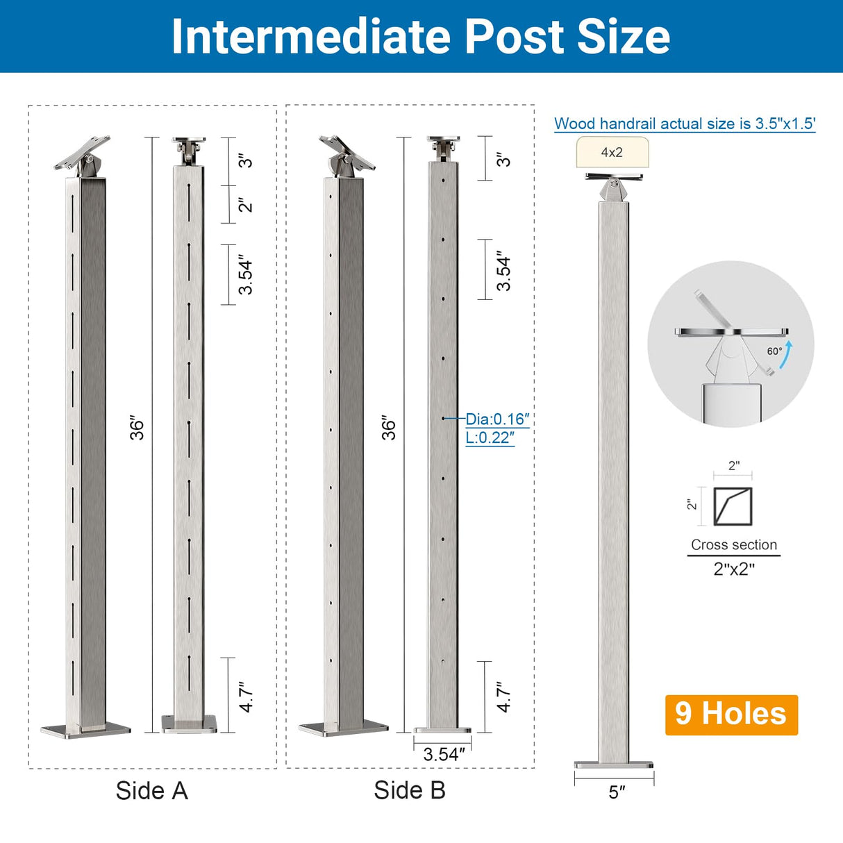 Deck Man 2 Pack Cable Railing Post Stainless Steel Adjustable Angle Intermediate Post for 1/8" Deck Cable Railing，Silvery Deck Man