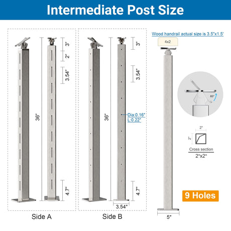Deck Man 2 Pack Cable Railing Post Stainless Steel Adjustable Angle Intermediate Post for 1/8" Deck Cable Railing，Silvery Deck Man