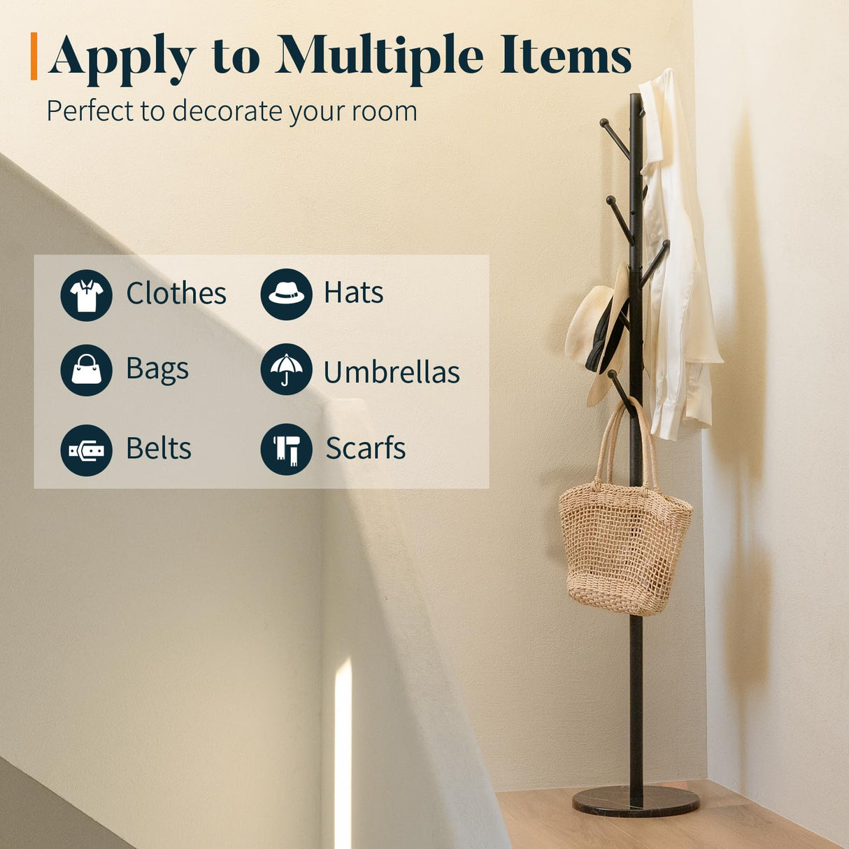 Yoobure Coat Rack Freestanding with Natural Marble Base - Coat Tree with 8 Hooks Heavy Duty Coat Hanger Stand, Metal Coat Rack Stand for Jacket, Hat, Clothes & Bag, Hall Tree Hat Rack for Entryway Yoobure