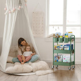 YASONIC 3-Tier Rolling Cart, Green, 66 Pounds Capacity, Mesh Storage Organizer with Lockable Wheels, 3 Hanging Cups, 4 Hooks, Easy Assembly, for Kitchen, Bathroom, Laundry, Grocery YASONIC