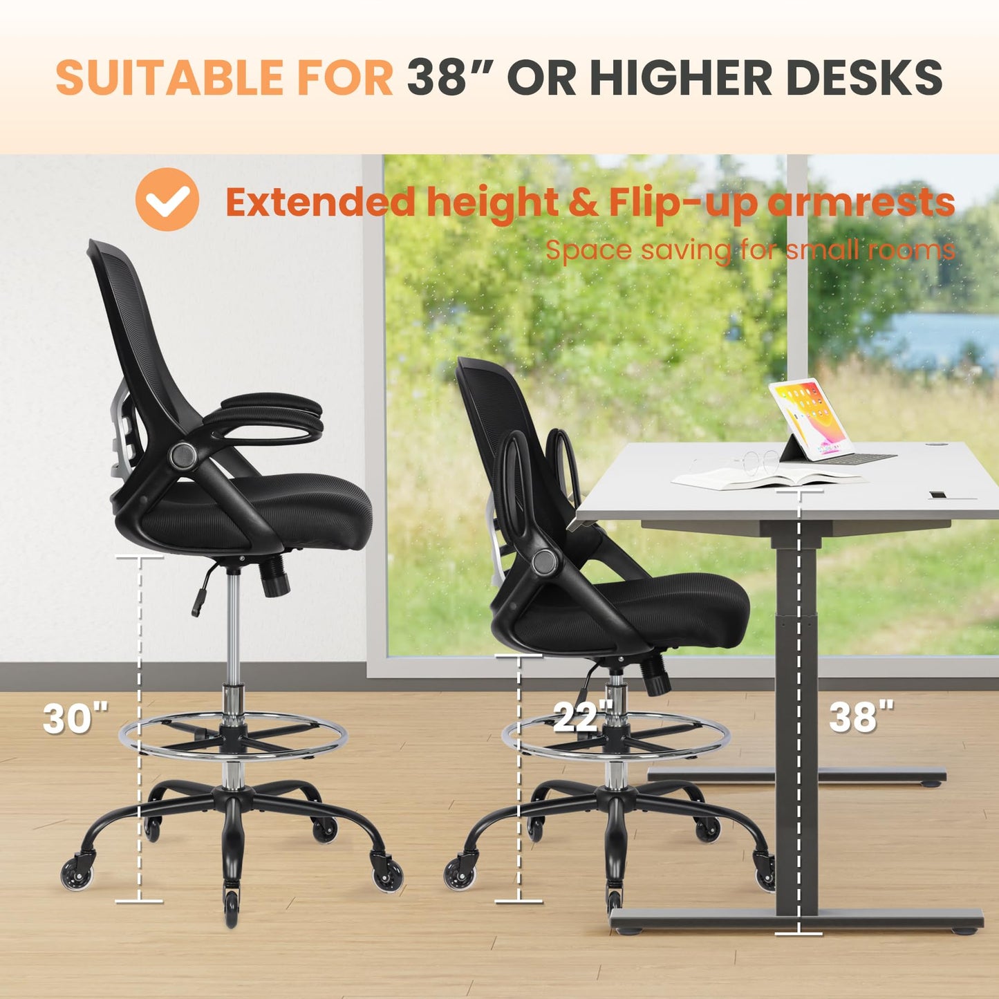 HYLONE Drafting Chair Tall Office Chair, High Ergonomic Standing Desk Computer Stools with Rubber Wheels, Flip-up Armrests, Adjustable Height and Foot-Ring, Comfortable Mesh Fabric, Black