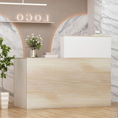 FAMAPY Reception Desk Retail Counter with Lockable Drawer & Shelves, Front Desk Reception Table for Salon Lobby Shop White and Oak 55.1'W x 23.6'D x 43.3'H