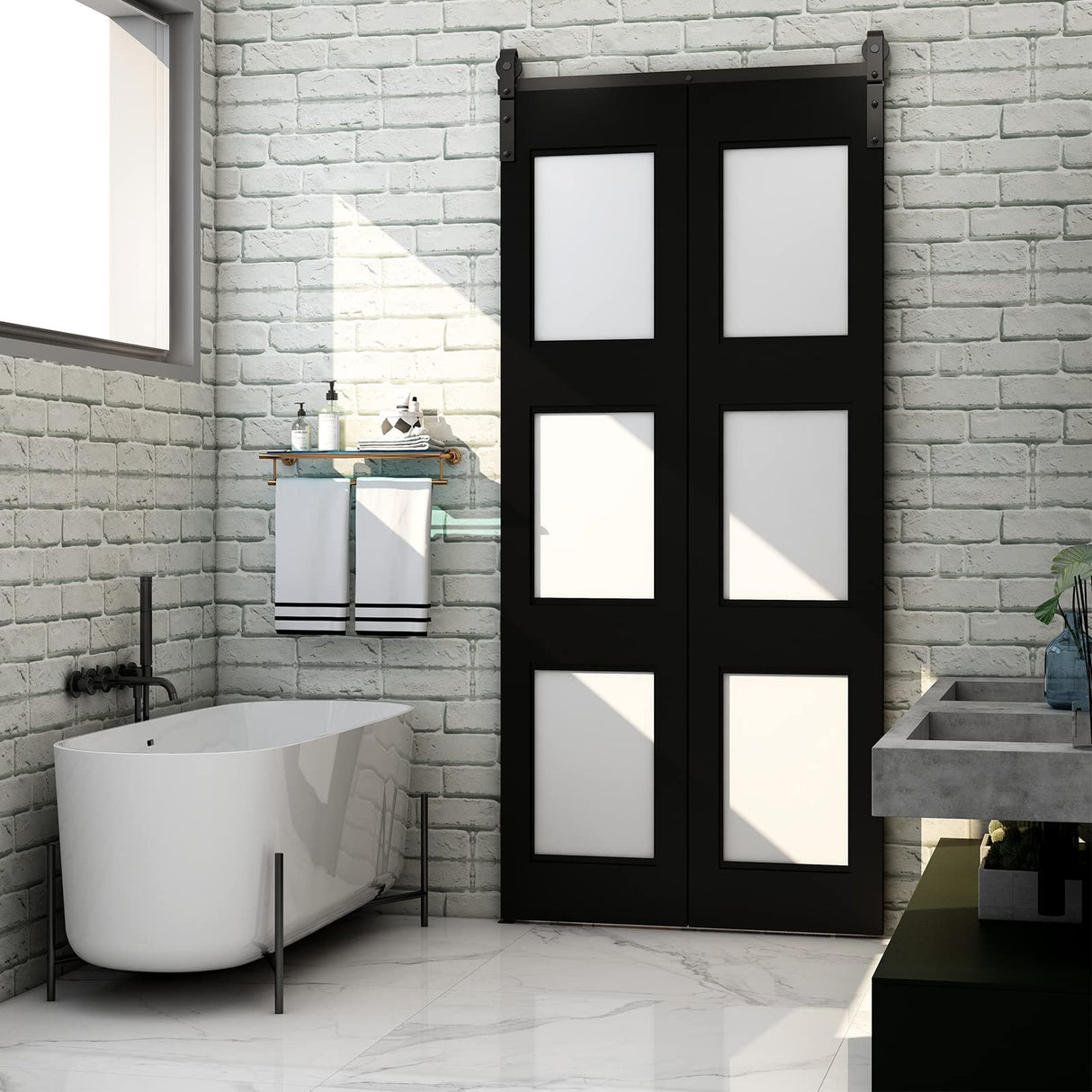 BONIKLUBA 40" Bi-folding Sliding Barn Door Hardware Kit for 2 Doors,Smoothly&Quietly,Black Track J Shape Roller-[Doors not included] BONIKLUBA