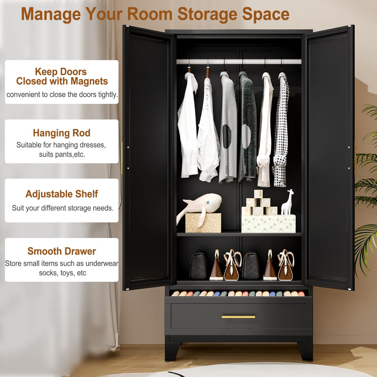 baoliwo Metal Armoire Wardrobe Closet Storage Cabinet with Mirror, 71'' Wardrobe Cabinet with Hanging Rod Metal Closet with Adjustable Shelf and Drawer for Bedroom, Laundry Room, Cloak Room baoliwo