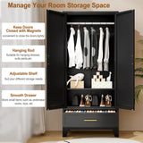 baoliwo Metal Armoire Wardrobe Closet Storage Cabinet with Mirror, 71'' Wardrobe Cabinet with Hanging Rod Metal Closet with Adjustable Shelf and Drawer for Bedroom, Laundry Room, Cloak Room baoliwo