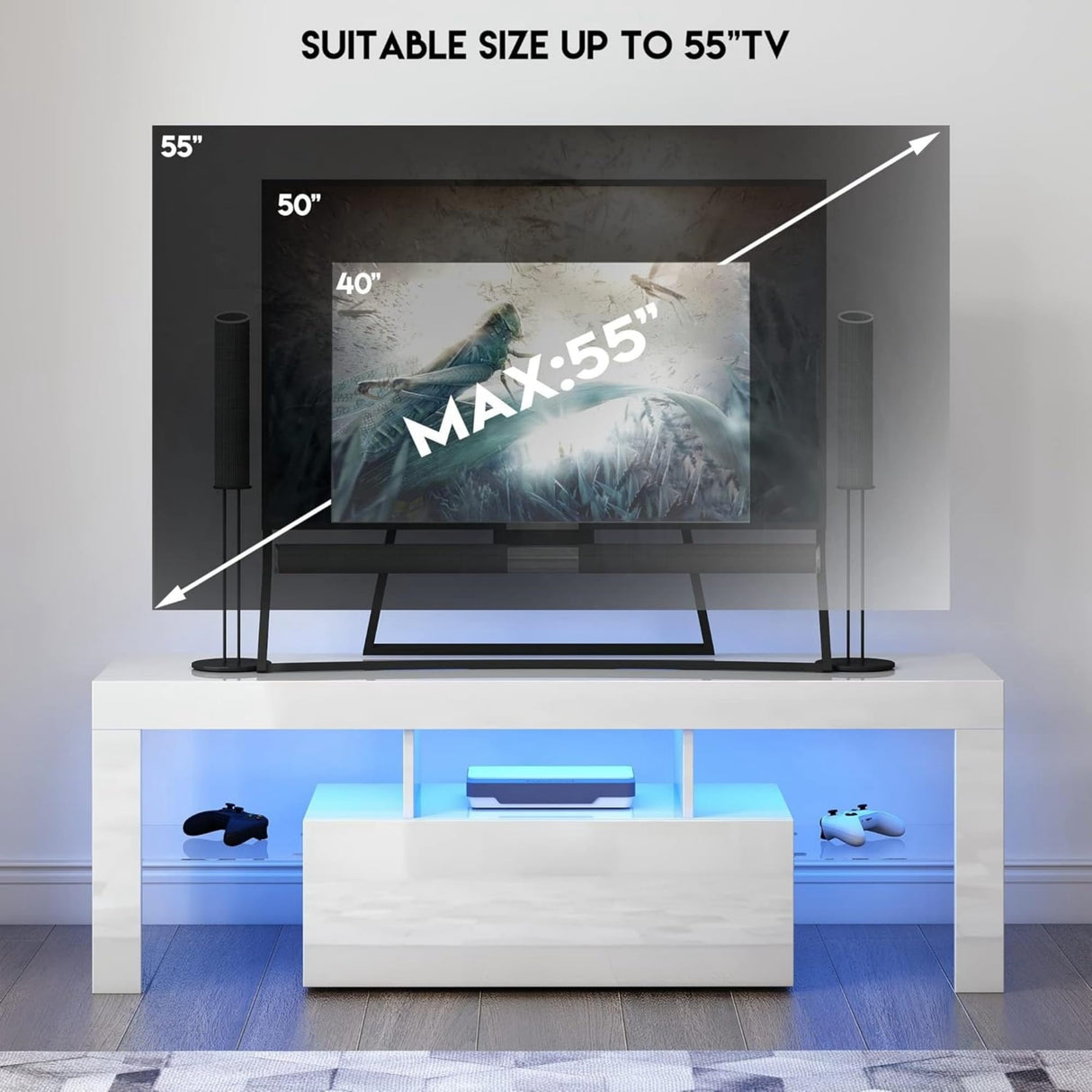 CITYLIGHT LED TV Stand for Televisions up to 55 Inchs,Modern Entertainment Center with Down FILP Door, Glass Shelf and High Glossy UV Front Face, TV Console Table for Living Room,Bedroom,White CITYLIGHT