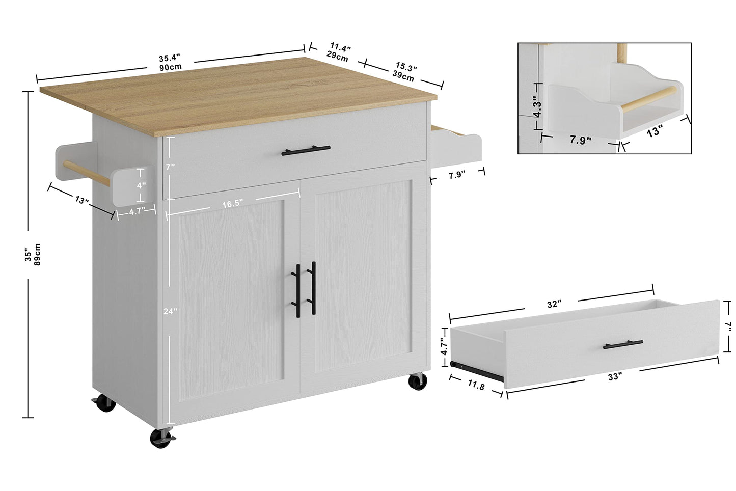 IRONCK Rolling Kitchen Island Table on Wheels with Drop Leaf, Storage Cabinet, Drawer, Spice Rack, Towel Rack, Kitchen Cart, White