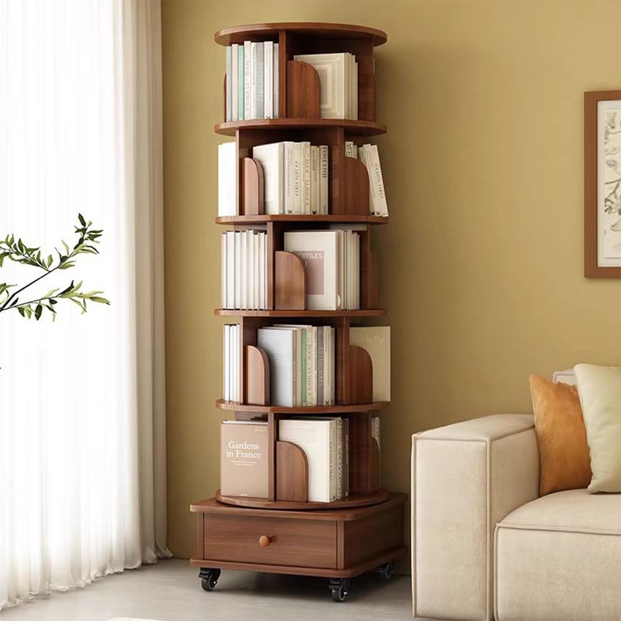 Rotating Bookshelf with Drawers On Wheel, 360° Display Spinning Corner Book Shelf Tower, 6 Tier Tall Narrow Bookshelves, Small Revolving Bookcase (Walnut, 6 Tier+Drawer) Breevia