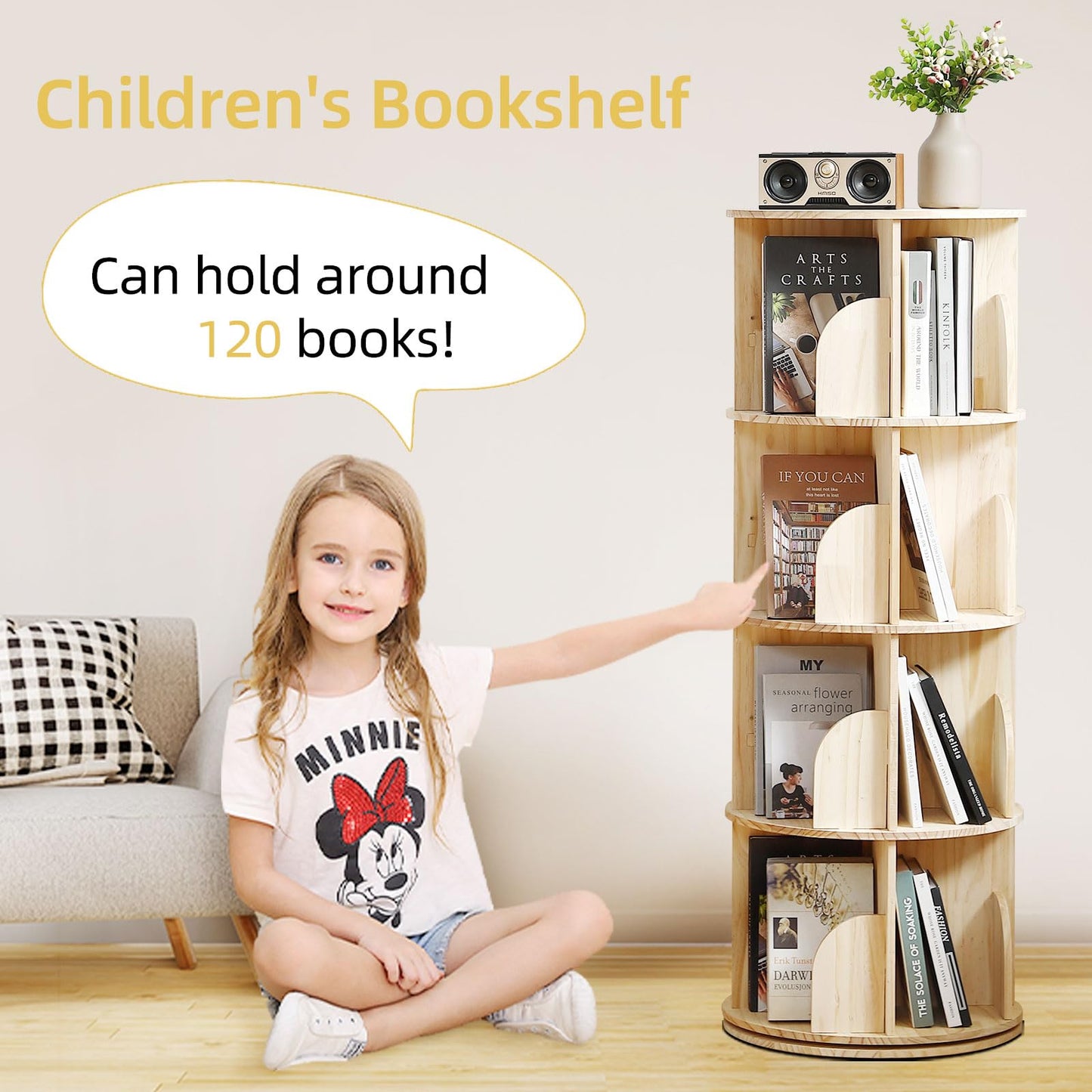 Buzleer 4-Tier Rotating Bookshelf Tower – Space-Saving Solid Wood Book Organizer for Small Spaces - WoodArtSupply