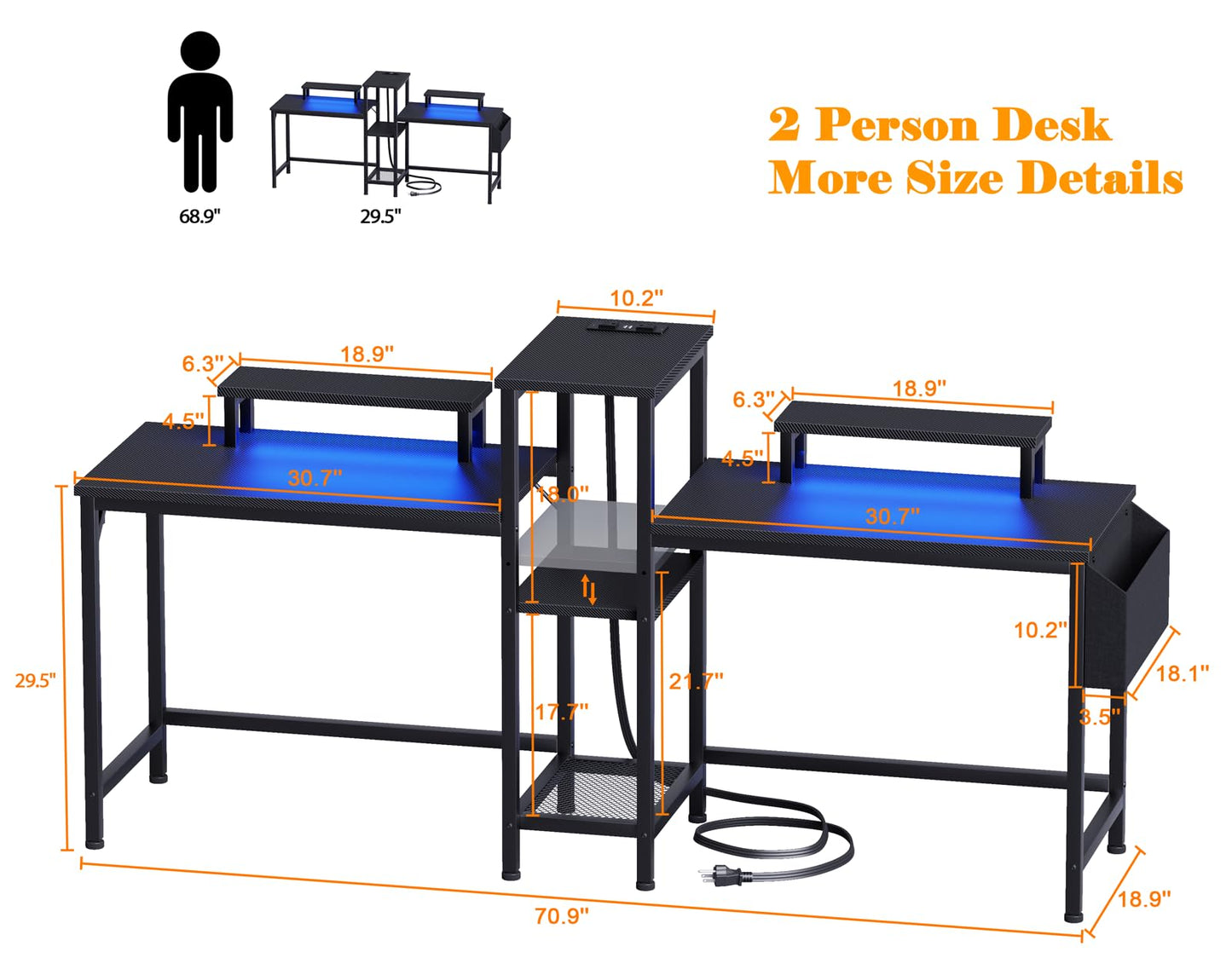 Furologee 2 Person Gaming Desk with LED Lights, 71 Inch Computer Desk with Power Outlets and Monitor Stand, Double Desk with Storage Bag and Headphone Hooks, Study Writing Table for Home Offi - WoodArtSupply