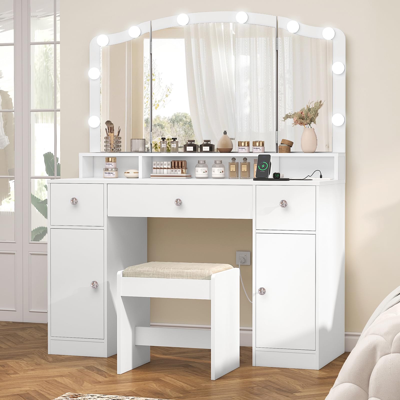 Vanity Desk with Triple Folding Mirror, Makeup Vanity with Power Outlet, Vanity Desk with 10 Lights, 3 Drawers & 2 Cabinets, Makeup Vanity Table with Soft Cushioned Stool for Women, Bedroom,  - WoodArtSupply