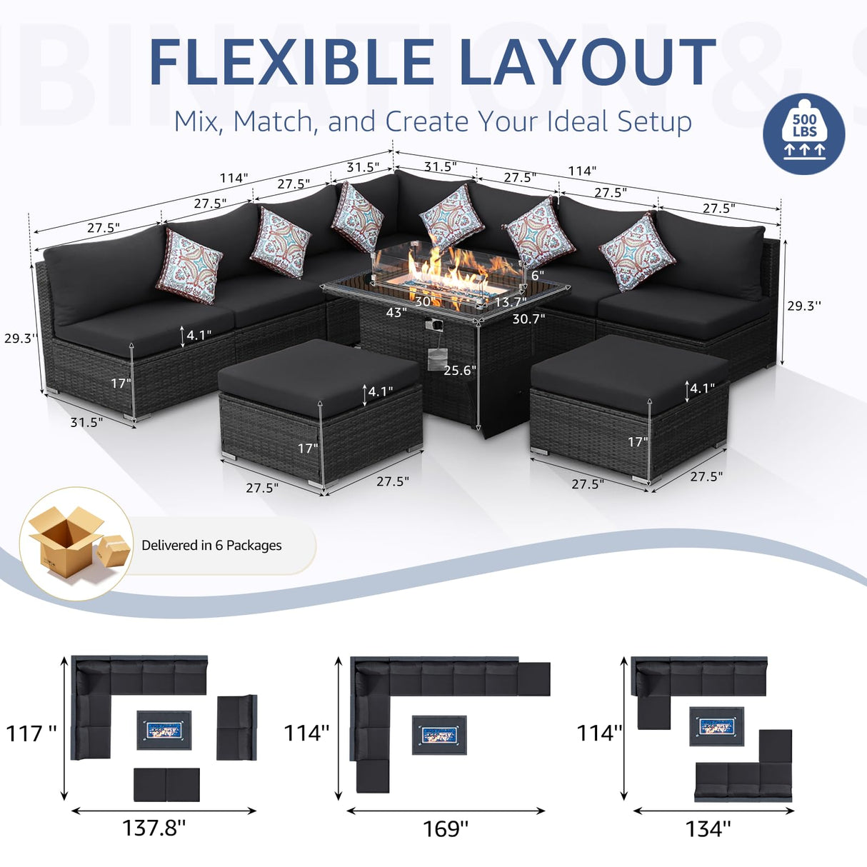 NICESOUL 10 Piece Contemporary Patio Furniture Set with Firepit Table Natural Gas/Propane, 29.3'' High Backrest Outdoor Sofa Conversations, 9 Seats Deep Wide Seating Wicker Sectionals, Dark Gray NICESOUL