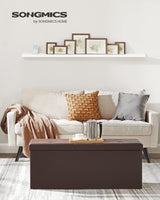 SONGMICS 43 Inches Folding Storage Ottoman Bench, Storage Chest, Footrest, Coffee Table, Padded Seat, Faux Leather, Holds up to 660 lb, Brown ULSF703, L(15 x 43 x 15 Inches) SONGMICS
