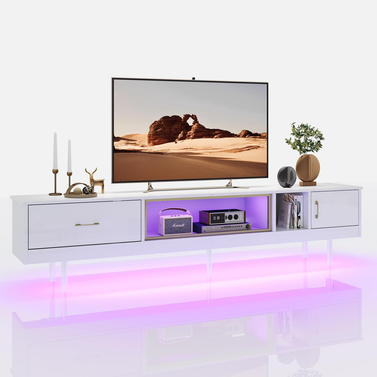 Bestier Modern TV Stand for 85 inch TV, 80 inch Long LED Entertainment Center with Storage Drawer & Cabinets for Living Room, High Gloss Media Console Table, Furniture in Living Room, White Gold Bestier