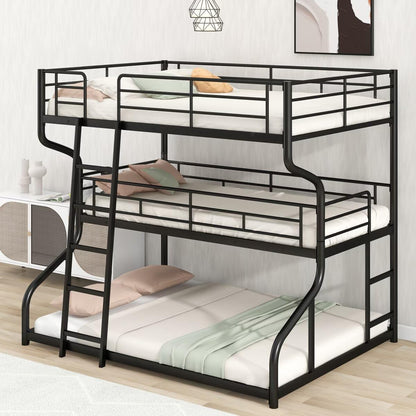 JIJIWANG Full XL Over Twin XL Over Queen Size Triple Bunk Bed with Long and Short Ladder, Unique Curved Metal Frame with Safety Guardrail, Industrial Style Triple Bunk Bed Frame, Black