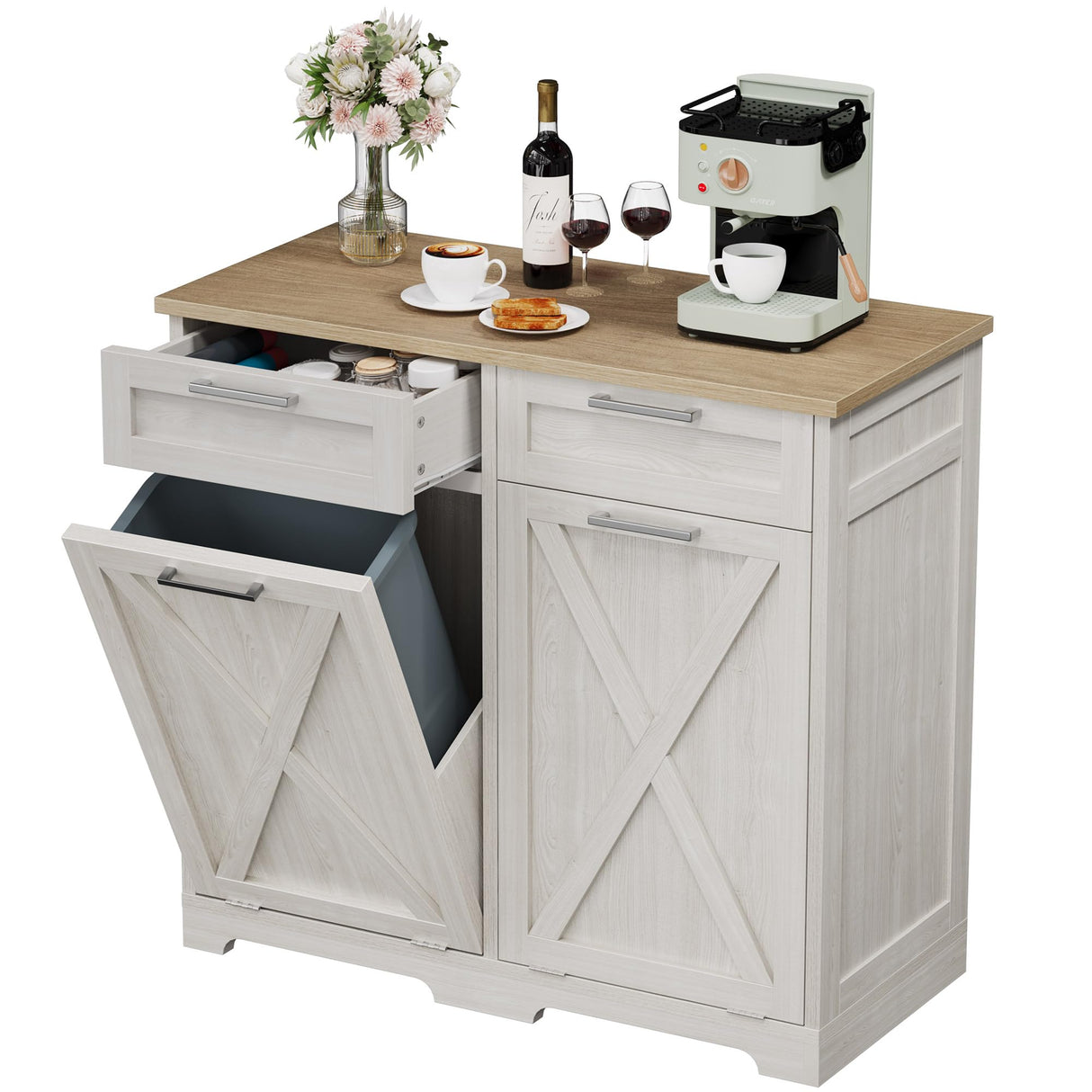 YITAHOME Double Tilt Out Trash Cabinet 20 Gallon, Wooden Free Standing Laundry Cabinet with Barn Doors, Kitchen Trash Recycling Cabinet with 2 Drawer, Tilt-Out Hamper for Kitchen, Off White YITAHOME