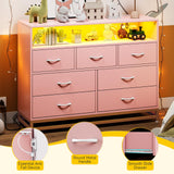 Pink Dresser for Bedroom, Modern 7 Drawers Long Dresser with Charging Station and LED Lights Design, Wooden Large Capacity Storage Chest of Drawers, Wide Dresser for Living Room, Hallway Patikuin