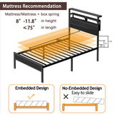 Furnulem Twin Bed Frames with Charging Station and LED Lights, Wood Headboard with 2 Fabric Drawers and Storage Shelves, Twin Size Platform Bed with Metal Slats, No Box Spring Needed, Black Oak Furnulem