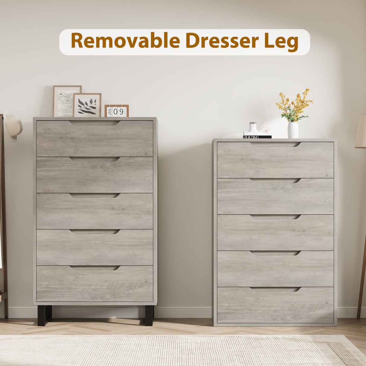 GarveeHome 5 Dresser for Bedroom, 51" Tall Dresser, Freestanding Vertical Drawer Dresser with Storage, Wooden Closet Dresser Storage Dresser Chest for Living Room, Hallway, Entryway, Ash Grey GarveeHome