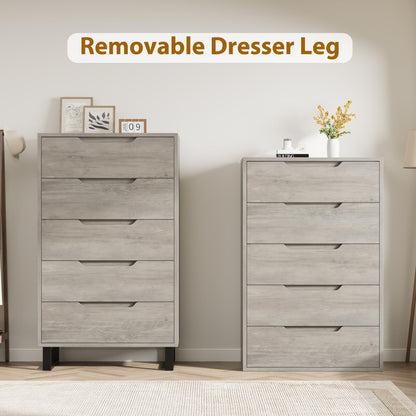 GarveeHome 5 Dresser for Bedroom, 51" Tall Dresser, Freestanding Vertical Drawer Dresser with Storage, Wooden Closet Dresser Storage Dresser Chest for Living Room, Hallway, Entryway, Ash Grey