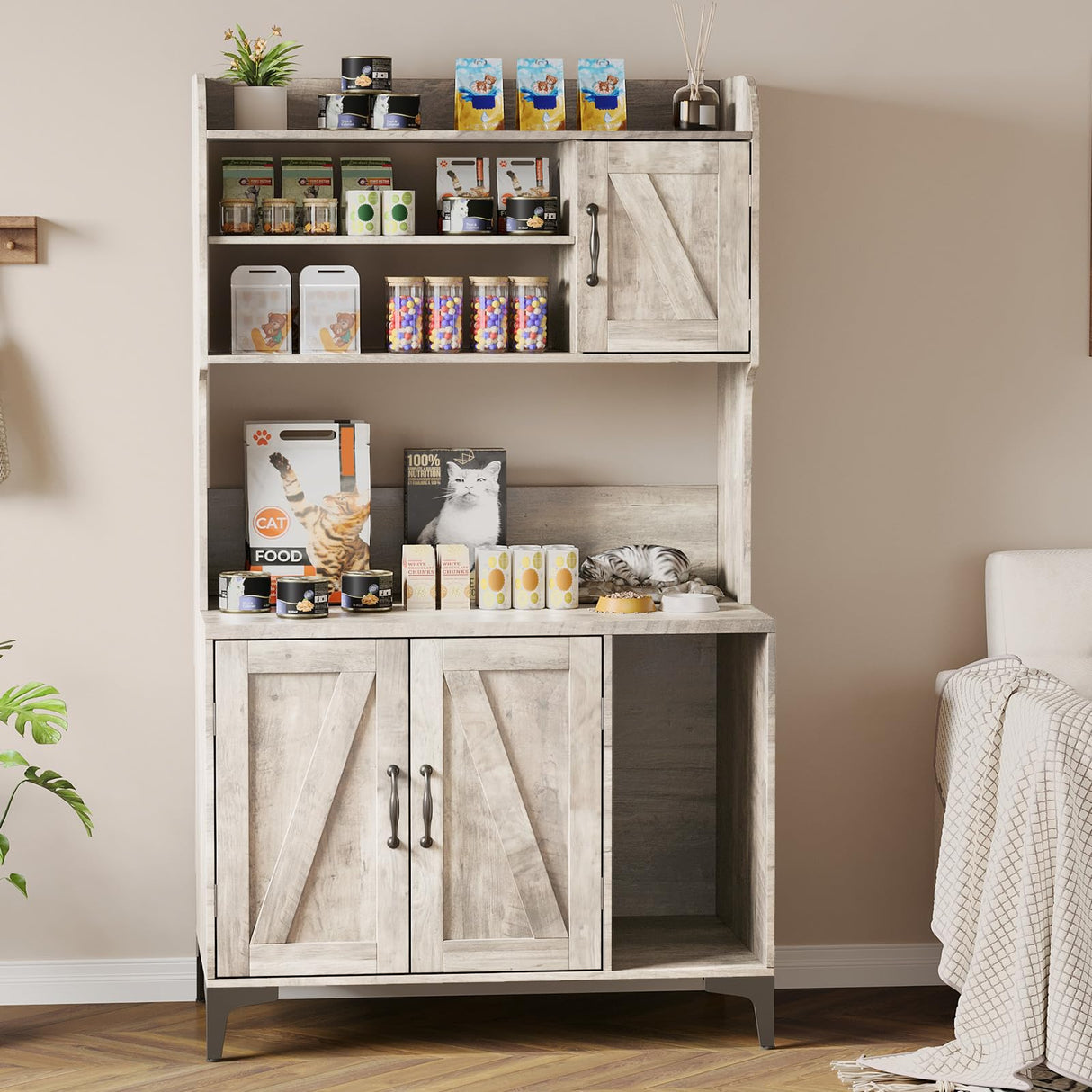 Cat Litter Box Enclosure Furniture with 4 Tier Storage Shelves, Hidden Litter Cabinet with Scratch Pad, Socket, Wooden Enclosed Cat Washroom House for End Table, Entryway Bench, Livingroom, Hallway Doppeltcharms