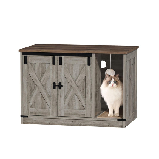 Hzuaneri Cat Litter Box Enclosure, Hidden Litter Box Cabinet Furniture with Cat Bell, Indoor Cat House, Farmhouse Style, 31.5 x 19.7 x 20.9Inches, for Hallway, Bedroom, Light Ivory CB82405X