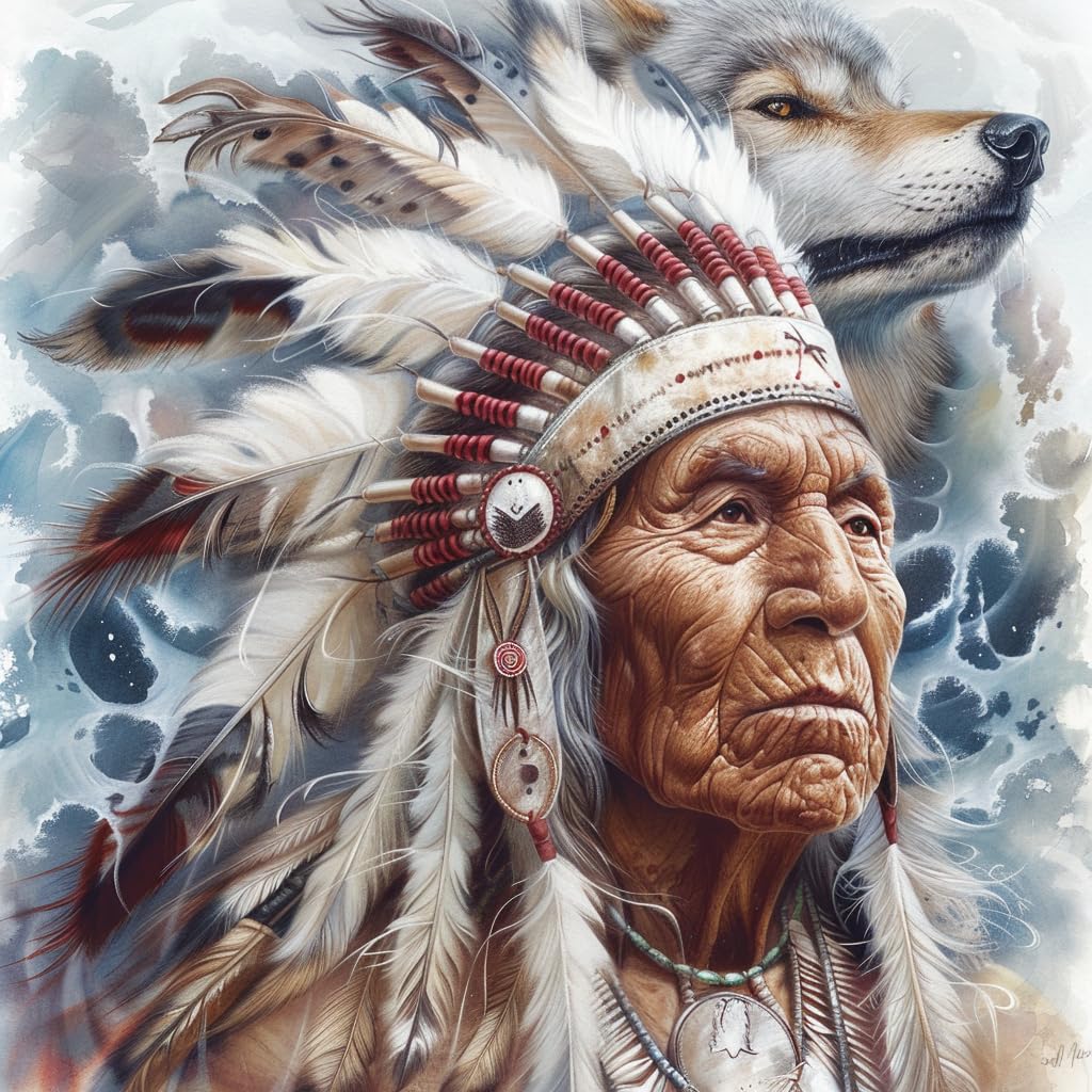 American Native Indian Old Cheif Man 5D Diamond Art Painting by Number Kits for Adults DIY Paint with Full Drill Round Diamond Gems Painting Art Craft for Home Wall Decor 13.8x13.8in(1) WoodArtSupply