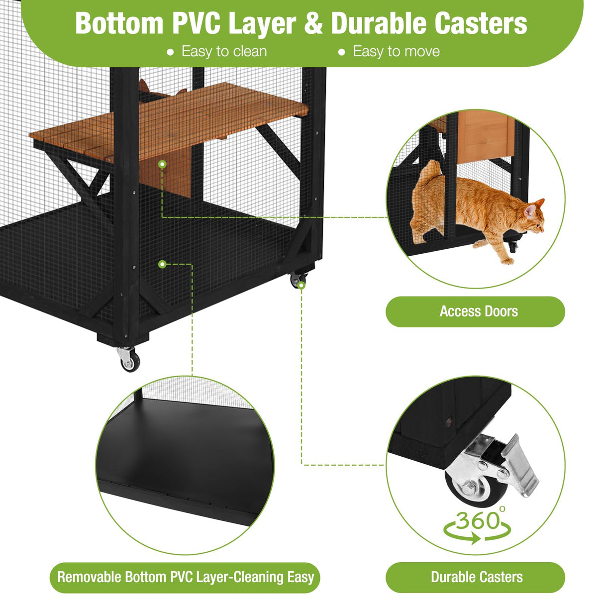 GUTINNEEN Catio Outdoor Cat Enclosure on Wheels - Outside Kitty House with Upgraded Resting Box, PVC Layer, and Waterproof Roof - 71.9" Black GUTINNEEN