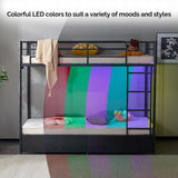 VINGLI Metal Bunk Bed Frame Twin Over Twin with 2 Drawers, LED Lights, Safety Guardrail & Ladder, Charging Station, for Kids, Teens & Adults, Space-Saving, No Box Spring Needed, Black VINGLI