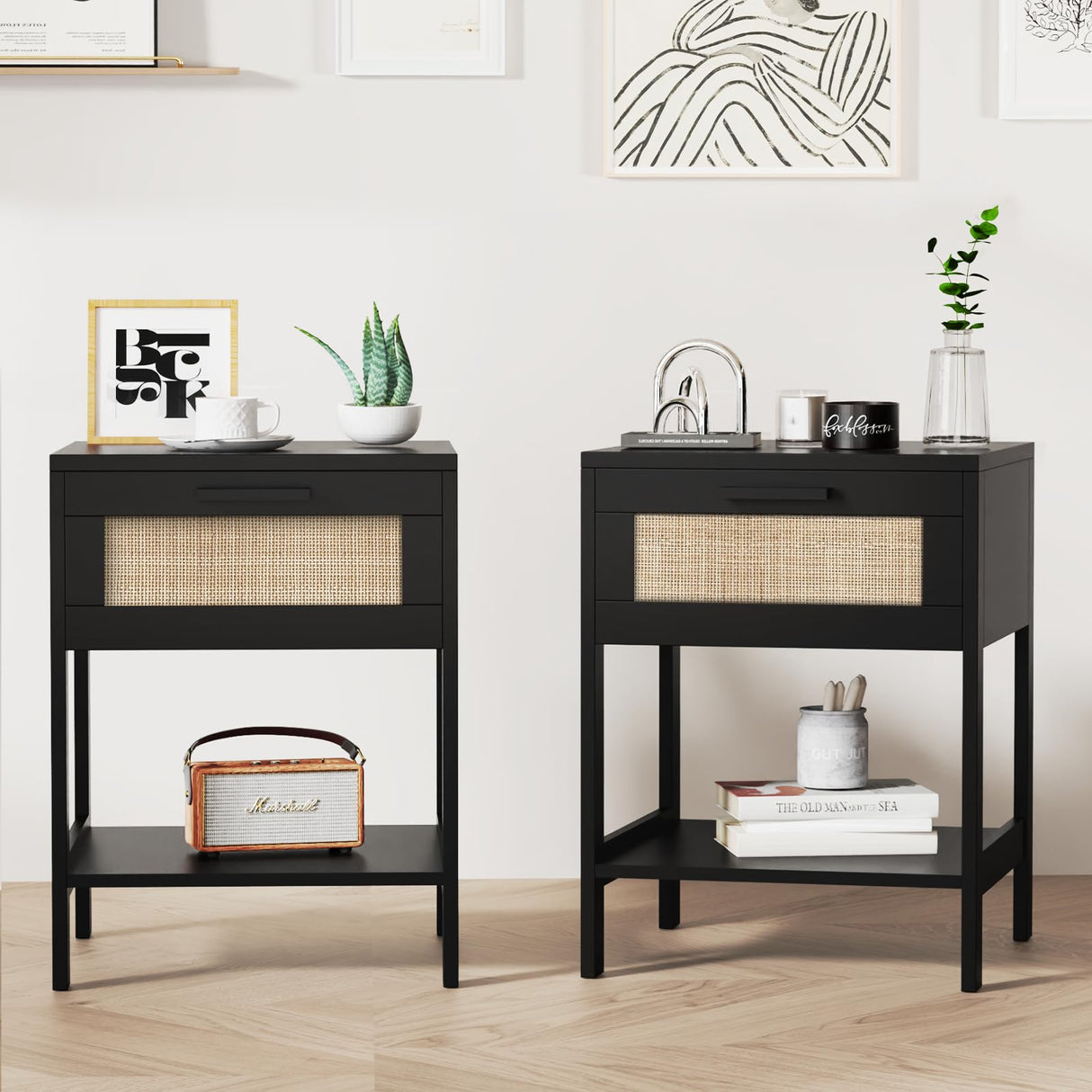 Derfullo Rattan Nightstand Set of 2 - Rattan Decor Drawer Night Stand Natural Wood Bedside Table Boho End Table Side Table with Storage Shelf Derfullo