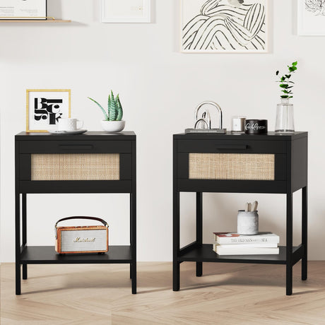 Derfullo Rattan Nightstand Set of 2 - Rattan Decor Drawer Night Stand Natural Wood Bedside Table Boho End Table Side Table with Storage Shelf Derfullo