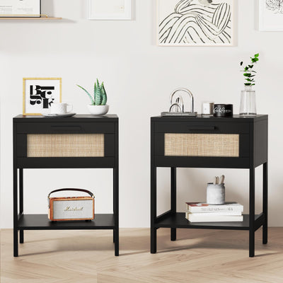 Derfullo Rattan Nightstand Set of 2 - Rattan Decor Drawer Night Stand Natural Wood Bedside Table Boho End Table Side Table with Storage Shelf