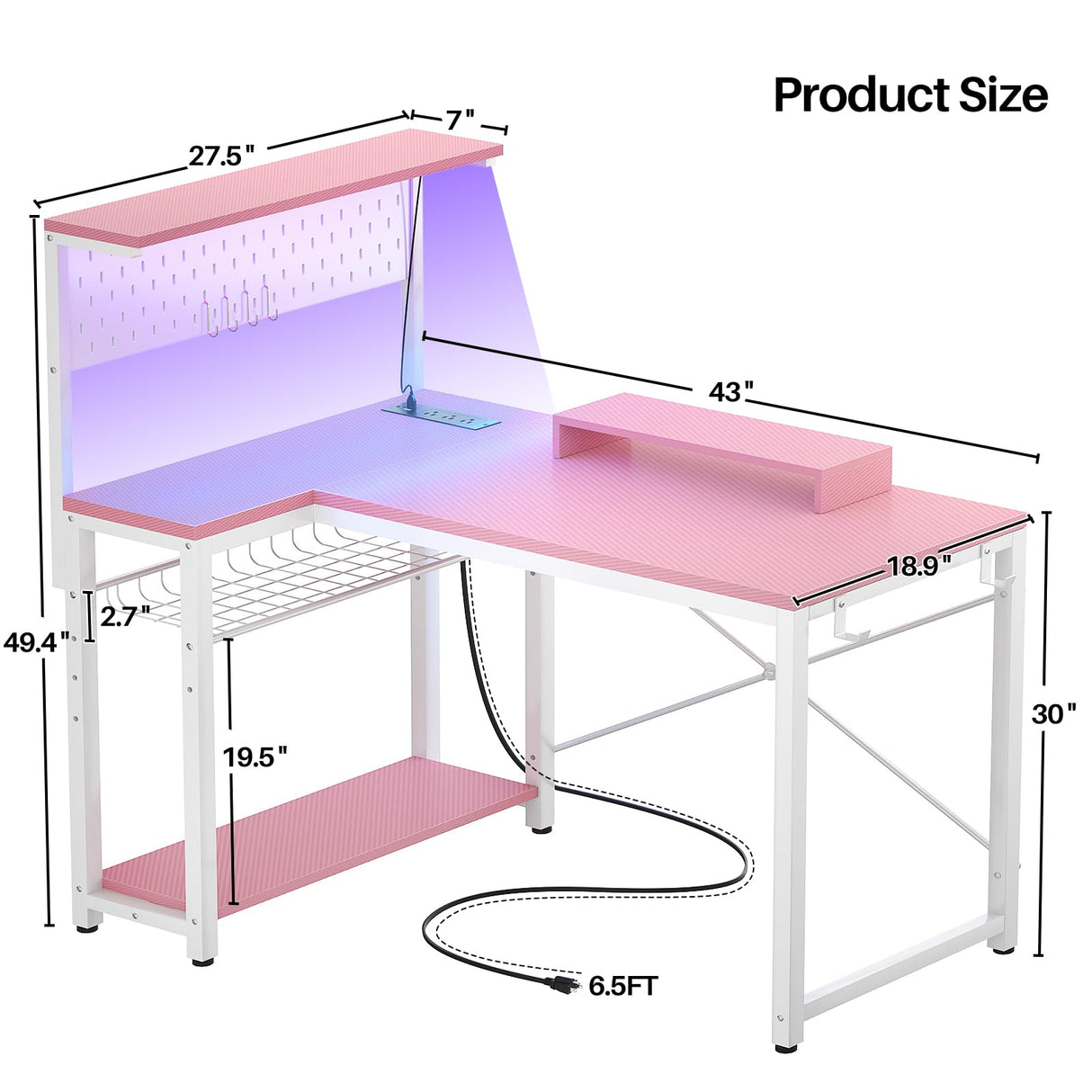 Homieasy Small Gaming Desk with Power Outlets Pegboard LED Light, 43 Inch L Shaped Computer Desk with Monitor Stand Storage Shelves, Reversible Corner Desk with Headset Hooks, Carbon Pink Homieasy