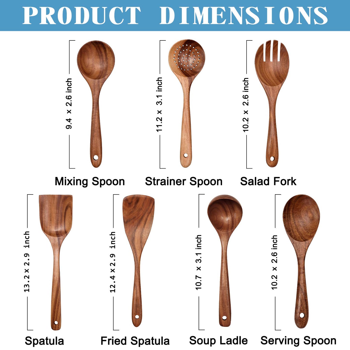 Wooden Non-Stick Kitchen Pan Toolset 7 Pieces Set,100% Natural Teak Kitchen Utensils Spatula, Wooden Cooking Utensils Spoons, Fried Spatula and Salad Fork - WoodArtSupply