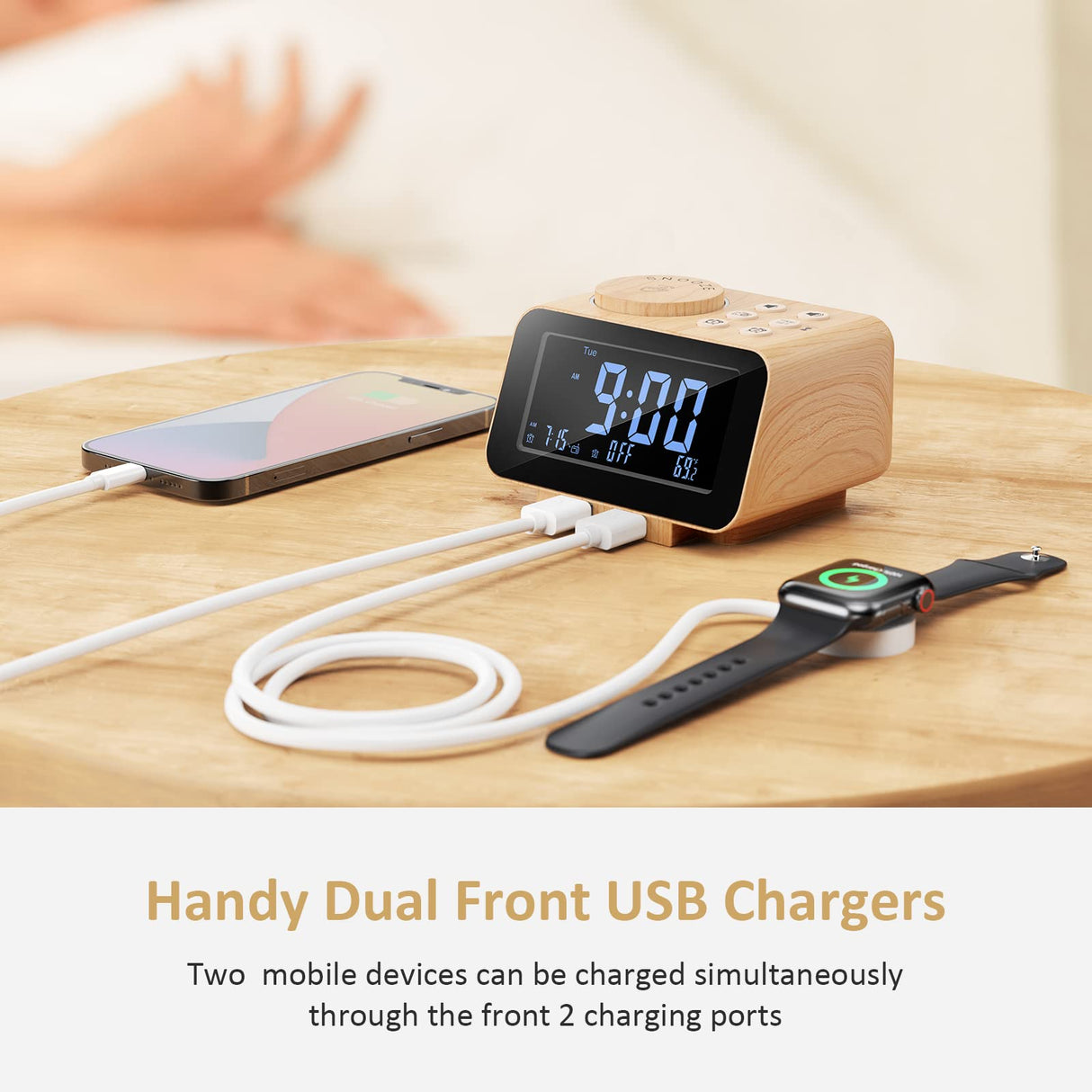 USCCE Digital Alarm Clock Radio - 0-100% Dimmer, Dual Alarm with Weekday/Weekend Mode, 6 Sounds Adjustable Volume, FM Radio w/Sleep Timer, 2 USB Charging Ports, Thermometer, Battery Backup(Wood Grain) uscce