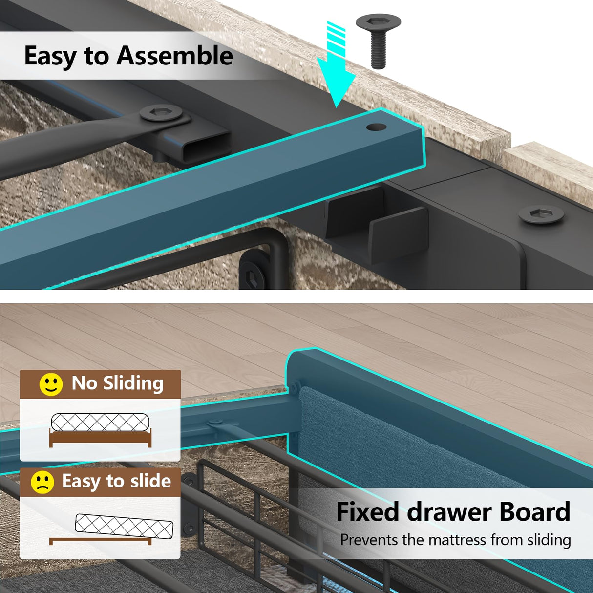 CSZZD Full Bed Frame with 4 Storage Drawers, Bookcase Headboard & USB Charging Station, Upholstered Metal Platform Bed in Oak Gray CSZZD
