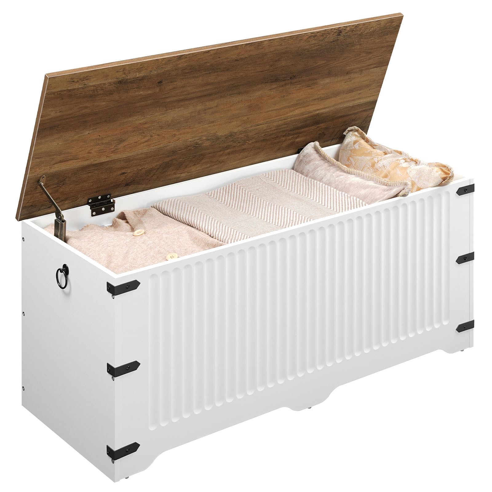 HOOBRO Storage Bench, Toy Box Organizer, Toy Chest with Safety Hinge, Farmhouse Style Storage Chest, 39.3 x 15.7 x 17.7 Inches for Living Room, Bedroom, Entryway, White and Walnut WH26CW01 - WoodArtSupply