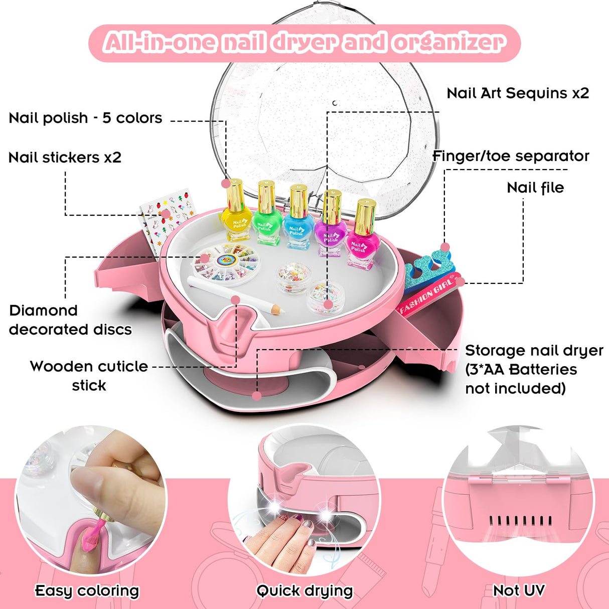 PUPPSITTY Kids Nail Polish Set for Girls,All-in-One Nail Art Kit for Kids with ‌Nail Dryer & DIY Decorations, Peelable Nail Polish/Stickers/Gems/Nail File&Tools, Gifts for Girls Age 7-12 PUPPSITTY