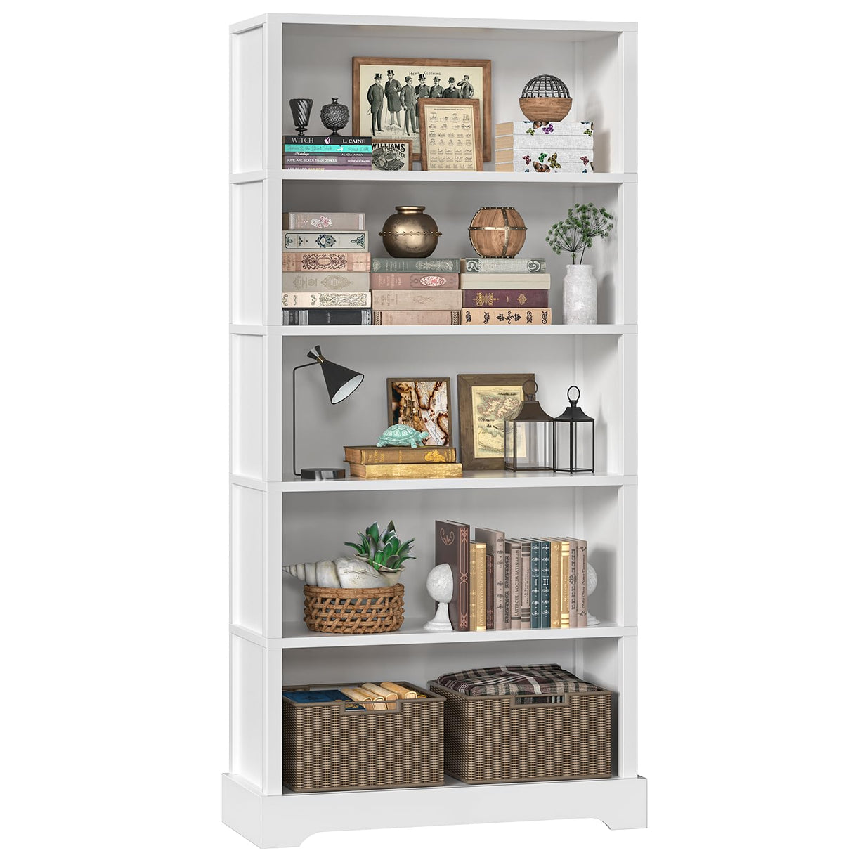 TVU 5-Tier Wooden Book shelf, 65"H × 31.5"W × 9.9“D Bookshelf with Storage, Floor-Standing Display Bookcase, Farmhouse Style Bookshelf with Arched Base, Suitable for Living Room, Study, Office, White TVU