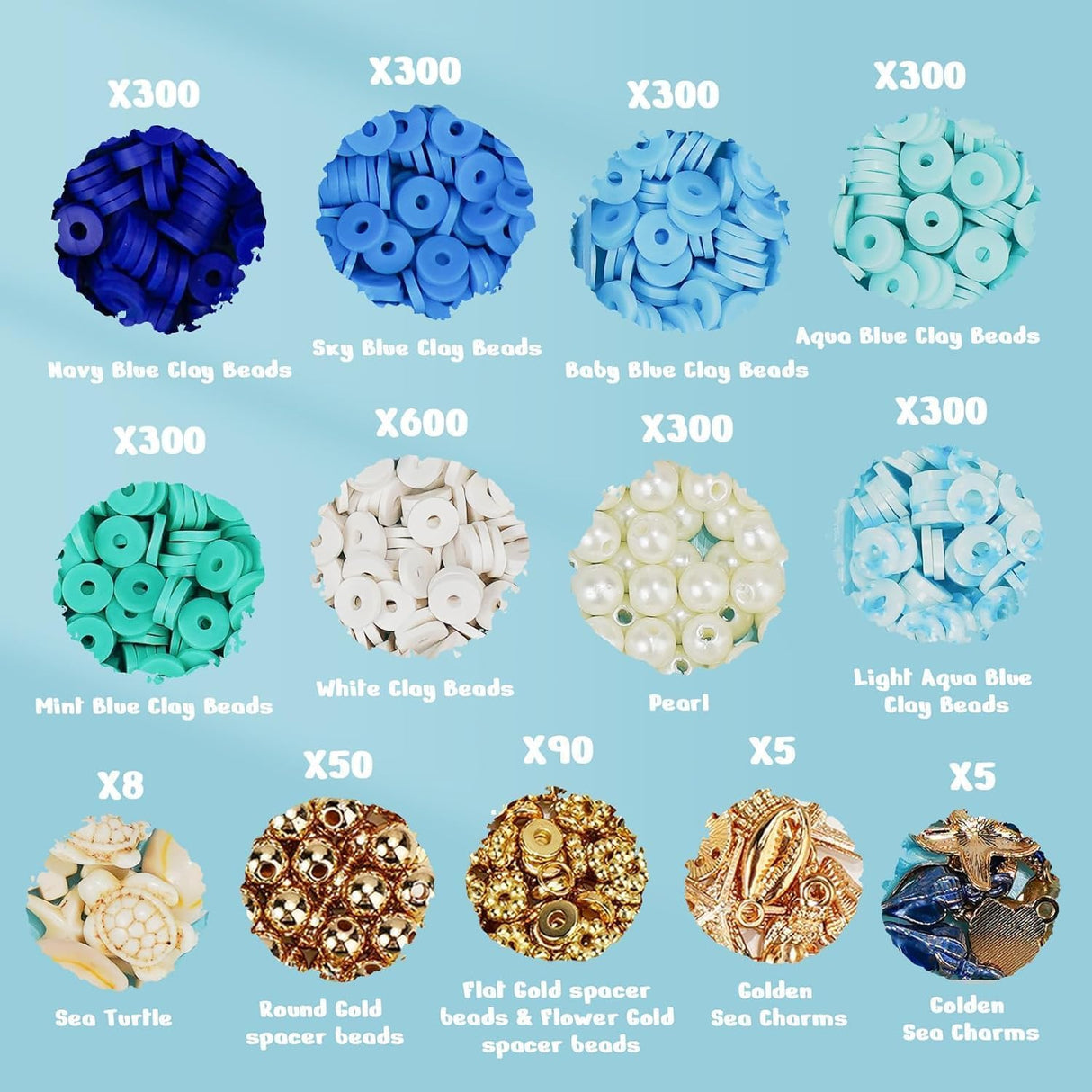 Gionlion Clay Beads for Bracelets, Blue Clay Beads Bracelet Making kit with Golden Pearl Beads for Jewelry Making, Beach Charms Bracelet Kit and Crafts DIY Gifts for Women Beach Fashion Gionlion