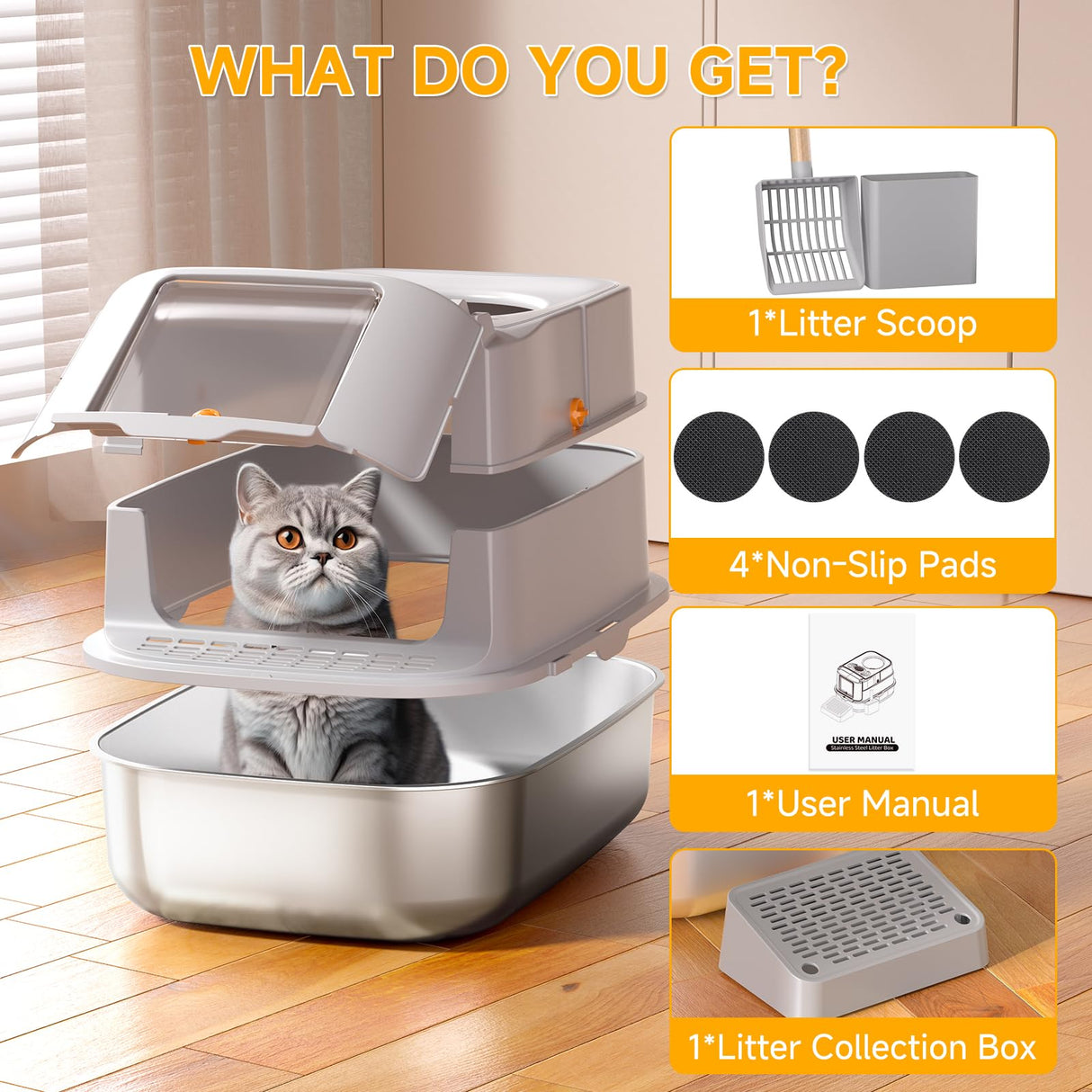 Stainless Steel Cat Litter Box with Lid, XL Extra Large Metal Litter Box for Big Cats, 180° Flip Cover Enclosed Top Entry Litter Boxs with High Sided Enclosure & Scoop, Non-Sticky, Anti-Leakage PIRAIL