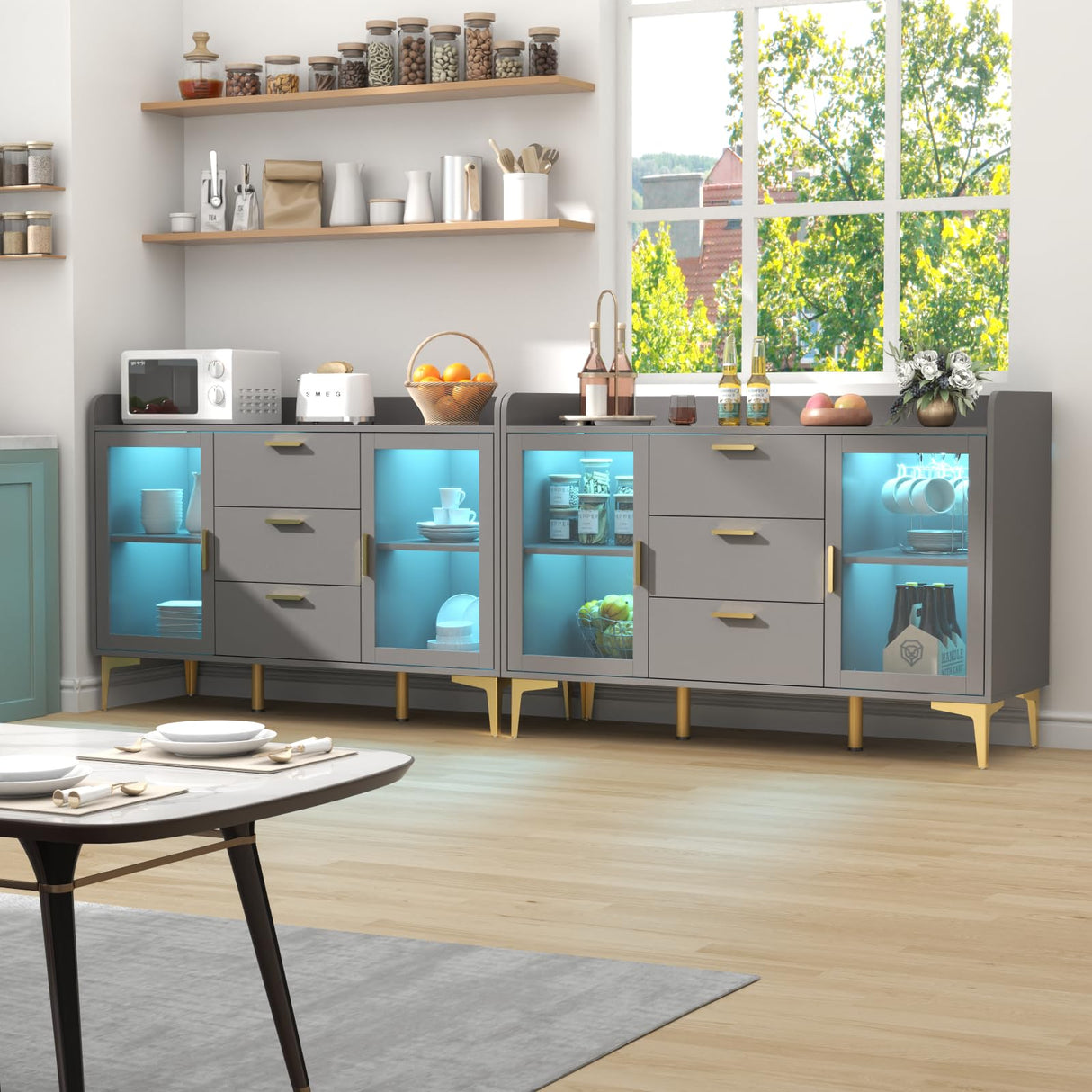 Auromie Sideboard Buffet Cabinet with 3 Drawers, Kitchen Storage Cabinet with LED Light, Coffee Bar Cabinet with Adjustable Shelf,Modern Organizer Cabinet with Door (Grey) Auromie