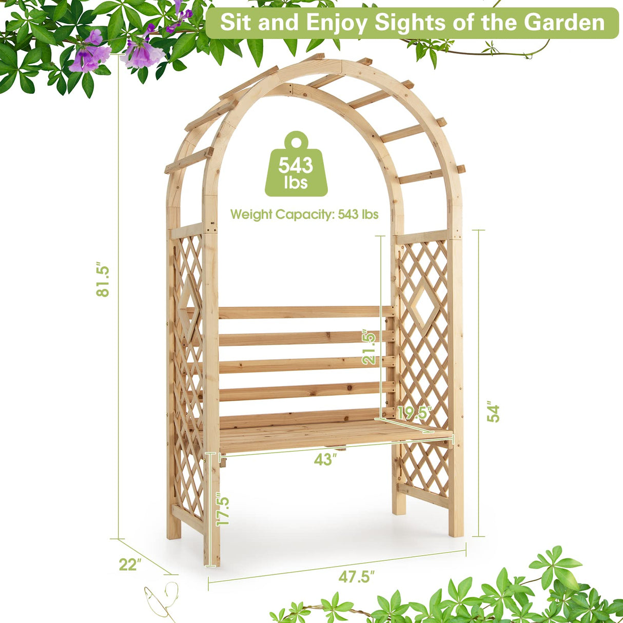 Tangkula 81.5 Inch Wooden Arch with 2 Person Bench, Garden Arbor with Trellis for Climbing Plants, Fir Wood Outdoor Decoration Garden Archway for Vines, Flowers, Wedding, Bridal Party, Ceremony Tangkula