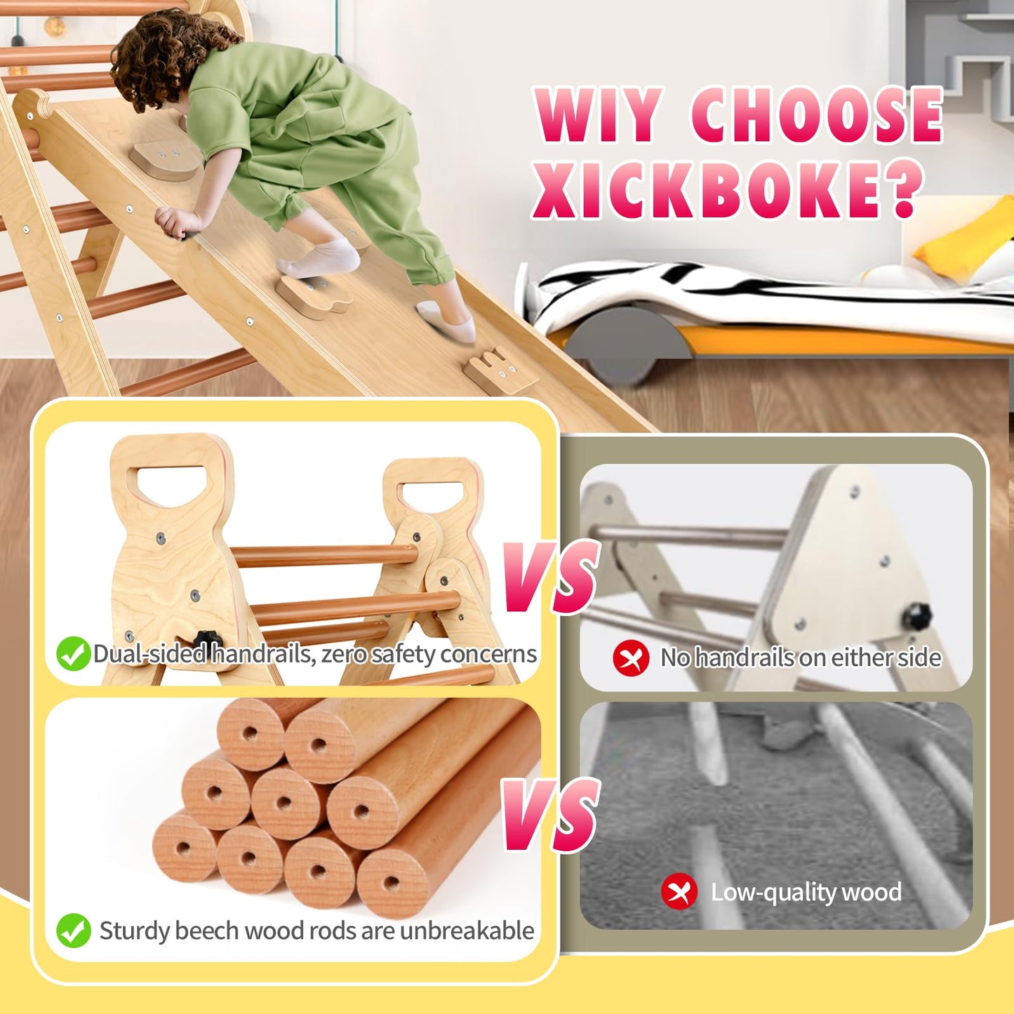 Xickboke Pikler Triangle Set Montessori Play Gym Climbing Toys for Toddlers 1-3 Inside Wooden Baby Play Gym Toddler Slides Indoor and Outdoor Play