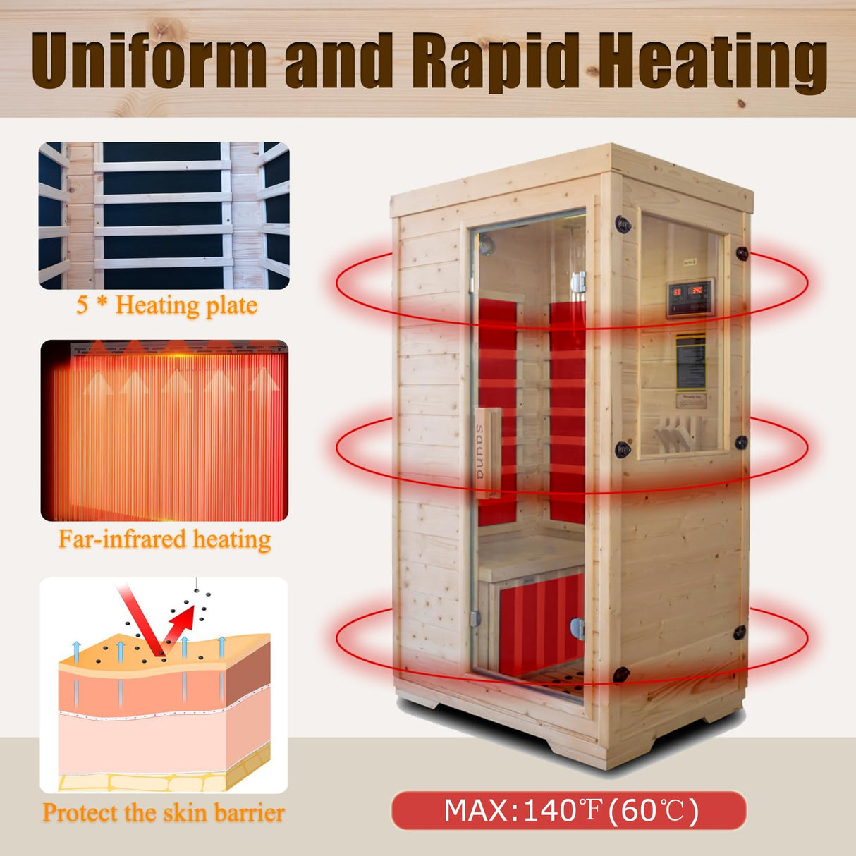 Far Infrared Sauna Room, Spruce Wood 1 Person Side-Opening Indoor Sauna 5 Heating Panels 1050W Infrared Therapy for Personal Wooden Dry Sauna Home Spa Room Homsido