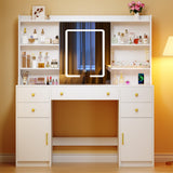 HUAHUU Vanity Desk with LED Lights & Sliding Mirror, Makeup Vanity with Lights, Power Outlet, White Vanity Desk with 5 Drawers & 2 Cabinets, 6 Storage Shelves for Bedroom HUAHUU