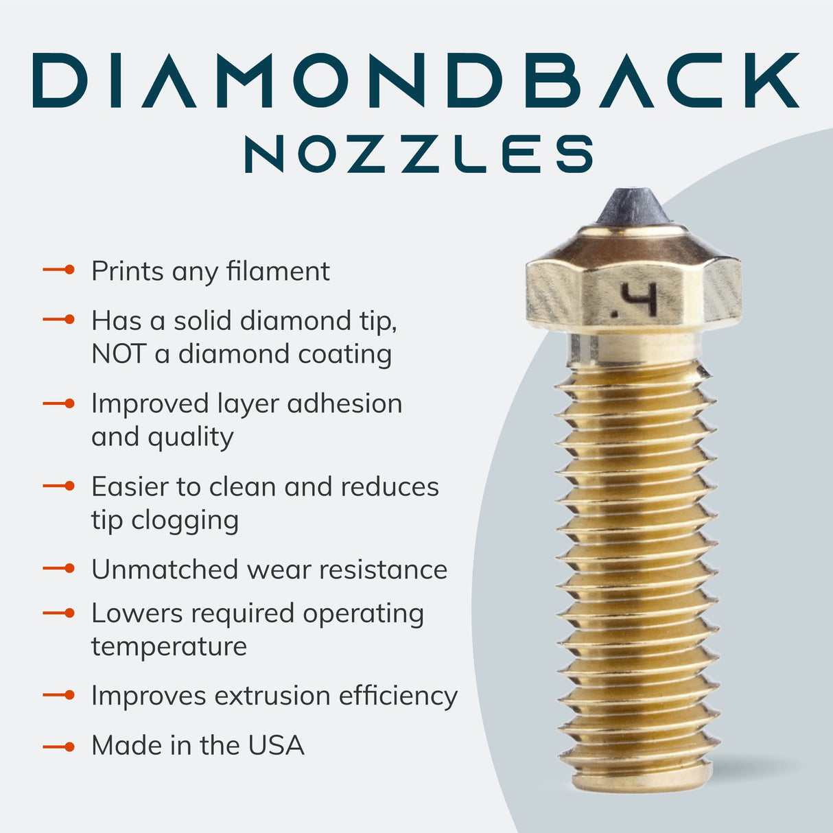 Diamondback Nozzles – Volcano Compatible – Polycrystalline Solid Diamond Tip 3D Printer Nozzles, Improved Extrusion, Any Filament, Long Life, Wear Resistant, Layer Adhesion, USA Made (1.75mm x 0.4mm) US Synthetic